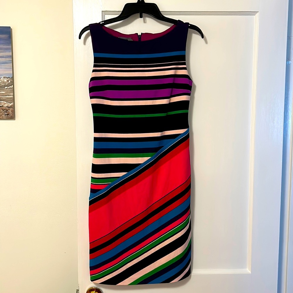 Vintage Sz. 6 Sleeveless Multicolored Stripe Pattern Rainbow Sheath Midi Dress
